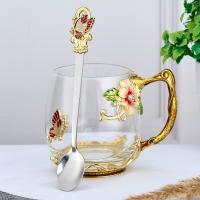 M-75108 (24) Кружка стеклянная с ложкой "Бабочки", 350 мл., 11,5*8,5*9,5 см.